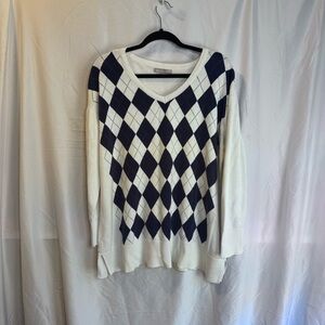 Woman Within V-Neck Argyle Sweater - Navy and White; Size 1X 22/24